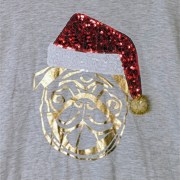NWT Gray Sequin Santa Pug Sweatshirt Size Medium Christmas Cute Graphic Gold - Picture 2 of 11